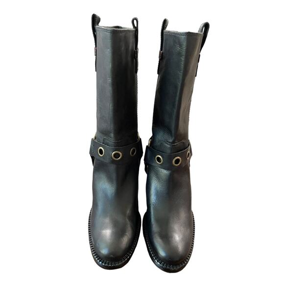 Tommy Hilfiger Black Leather Harness High Heel Mid Calf Boots Size 9 - Picture 5 of 7